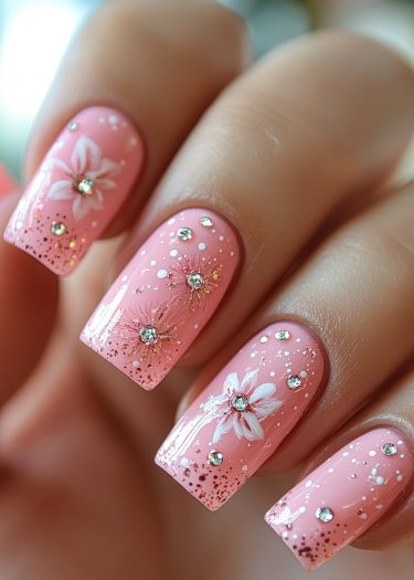 Elegant pastel pink nails with floral designs, glitter, and rhinestones for a chic manicure.