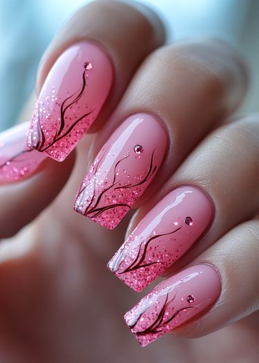 Elegant pastel pink glitter nails with intricate black vine designs and sparkling rhinestones.