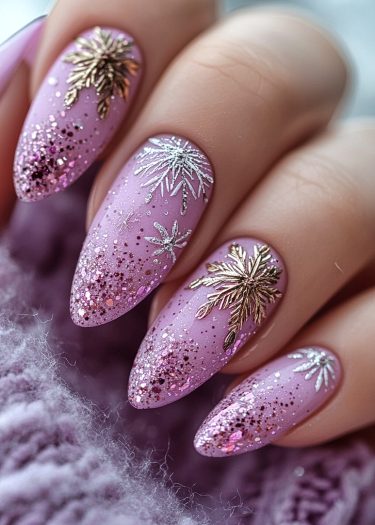 Elegant pastel lavender almond nails with metallic leaf and pink-purple glitter accents.