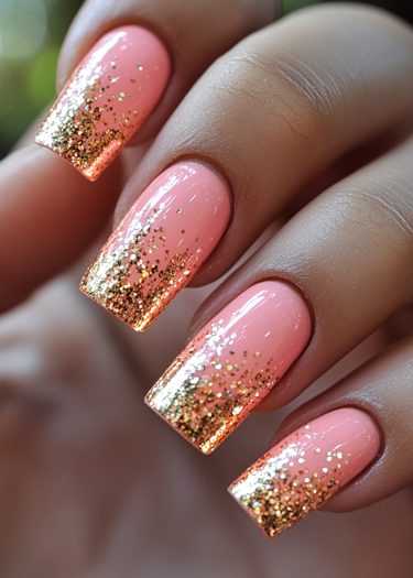 Elegant pastel pink nails with gold glitter gradient for a glamorous manicure look.