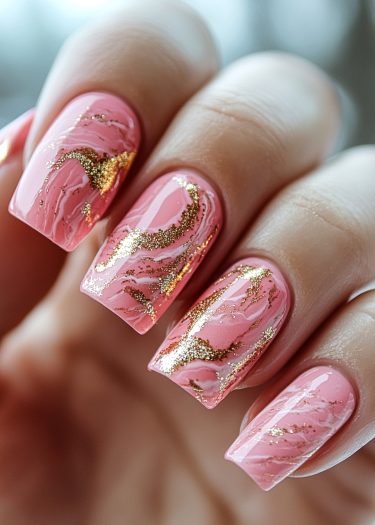 Elegant pastel pink marble nails with gold accents for a chic, sophisticated look.