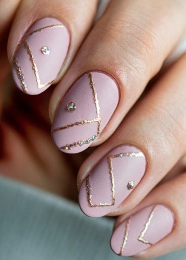 Elegant pastel pink nail art with gold geometric designs and sparkling rhinestones for a chic look.