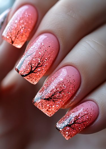 Stunning pink-orange gradient nails with delicate tree silhouettes and shimmering glitter accents.