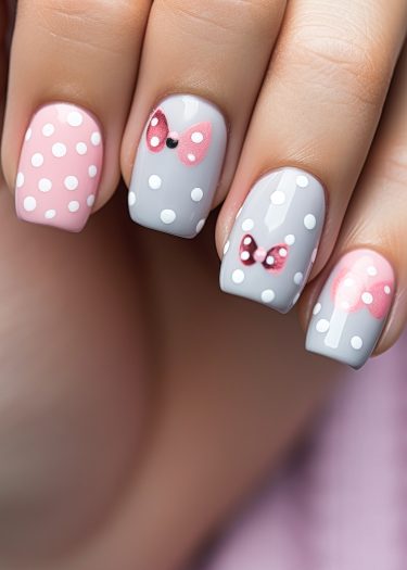 Elegant pastel pink and gray nail art with playful designs and detailed bows.