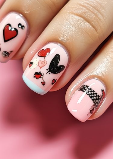 Artistic pastel pink heart nails with intricate designs in red and black patterns.