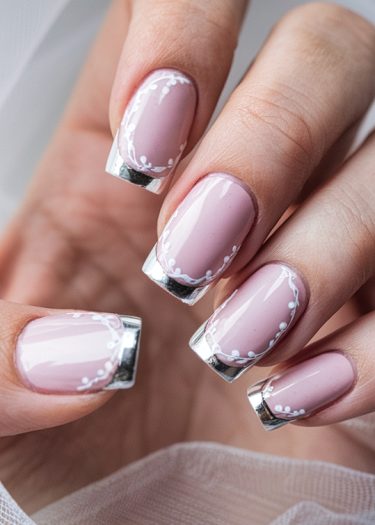 Elegant pastel pink nails with metallic silver tips and delicate white designs.