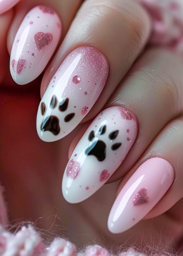 Elegant almond-shaped pastel pink nail art with paw prints and hearts for a playful touch.