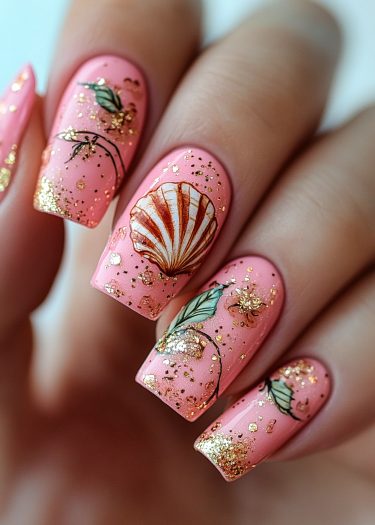 Elegant pastel pink nail art with gold foil accents and botanical designs.