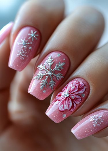 Elegant pastel pink nail art featuring winter snowflakes and a vibrant red flower design.