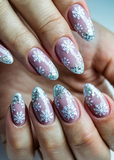 Elegant pastel pink snowflake nails with silver glitter for a chic winter manicure.