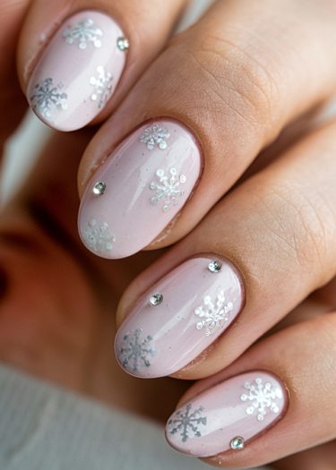 Elegant pastel pink nails with silver snowflakes and rhinestones for a festive winter look.