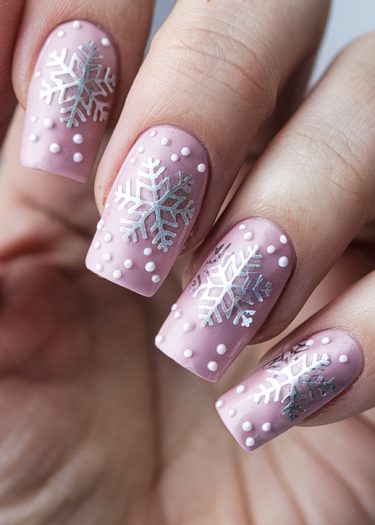 Elegant pastel pink nails with silver snowflake designs and bead accents for a chic winter look.