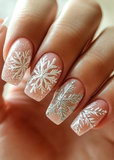 Elegant pastel pink snowflake nails with intricate designs, perfect for winter festivities.