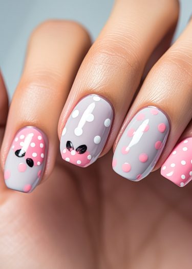 Pastel lavender nail art with playful polka dots and elegant bow accents for a chic look.