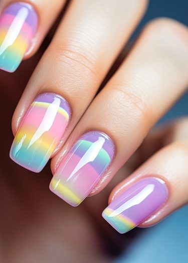 Vibrant pastel rainbow nails with a glossy finish, showcasing stunning gradient nail art design.