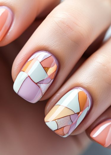 Intricate pastel stained glass nail art featuring geometric patterns and gold accents.