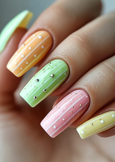 Elegant pastel stripe nail art with glossy finish and intricate designs in vibrant colors.