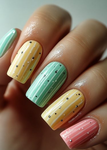 Vibrant pastel stripe nail design with elegant patterns and glossy finish for spring style.