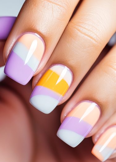 Vibrant pastel striped nails with glossy finish and artistic design, showcasing bold colors.