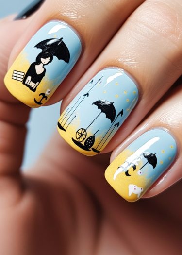 Pastel umbrella nail art with silhouettes, arrows, and playful designs on a gradient background.