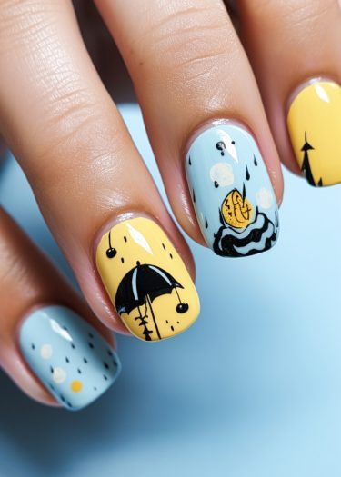 Whimsical pastel weather nail art featuring raindrops, umbrellas, and a crescent moon design.