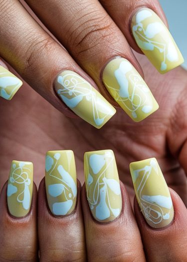 Pastel yellow coffin nails with abstract white designs, showcasing trendy nail art elegance.