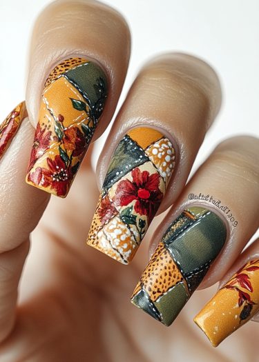 Artistic patchwork autumn nail art featuring floral designs in earthy tones and geometric patterns.