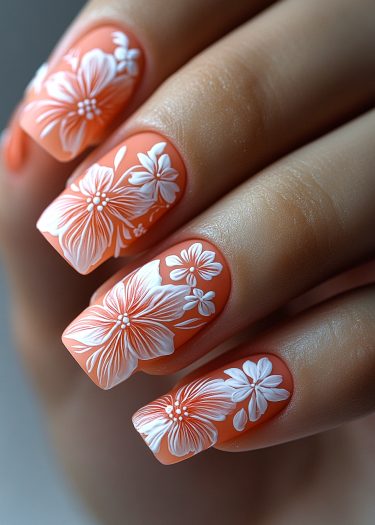 Vibrant coral nails with intricate white floral designs for elegant nail art inspiration.