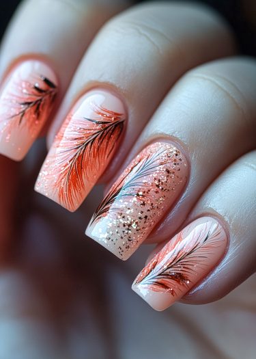 Elegant peach feather nails with copper accents and gold glitter for a stunning manicure design.