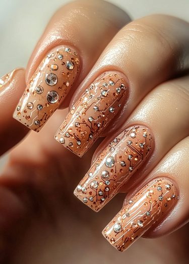 Glamorous peach manicure with intricate rhinestones and elegant almond shape design.