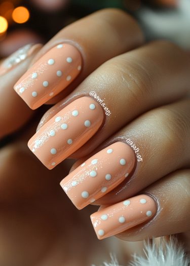 Pastel peach polka dot nails in a chic manicure, showcasing elegance and playful design.