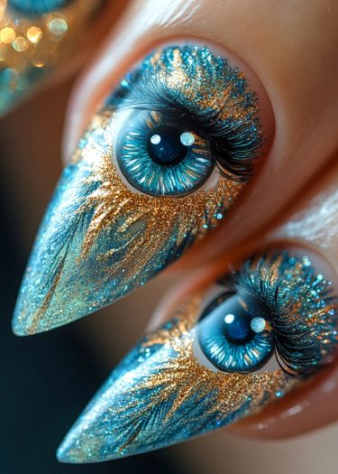 Stunning stiletto nail art featuring vibrant peacock eye designs with glitter accents.