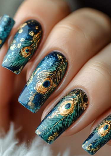 Intricate peacock feather nail art featuring teal, gold, and blue for a luxurious manicure.