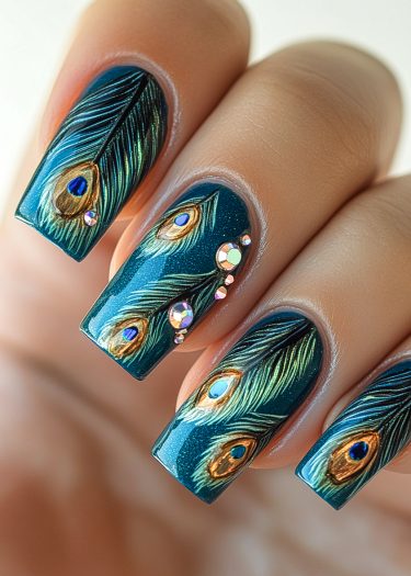 Peacock feather nail art featuring vibrant teal, gold accents, and shimmering rhinestones for elegance.