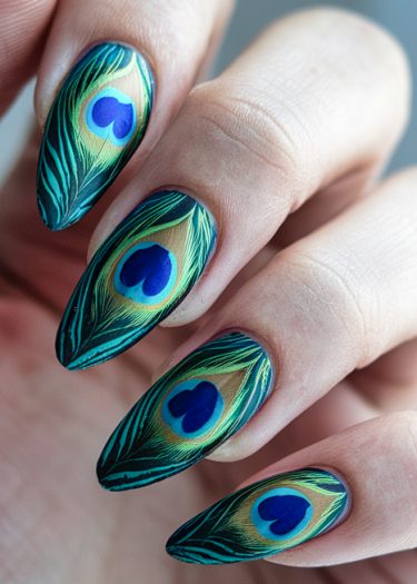 Elegant peacock feather nail art featuring vibrant colors and intricate designs on almond-shaped nails.