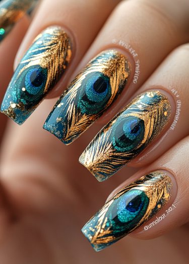 Stunning peacock feather nail art design with vibrant blue, green, and gold accents.