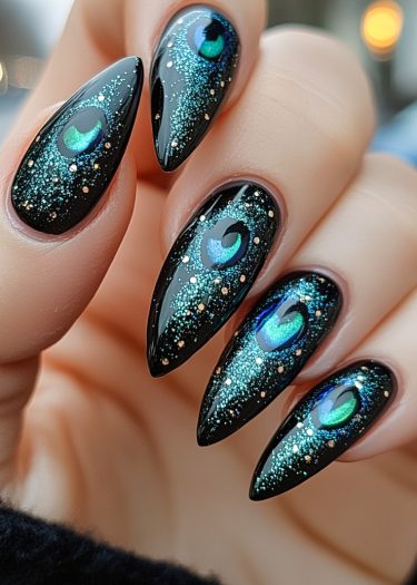 Stunning stiletto nails featuring intricate peacock feather designs in vibrant colors and glitter.