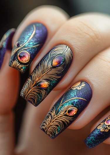 Stunning peacock feather nail art with shimmering blue-purple base and elegant gold detailing.