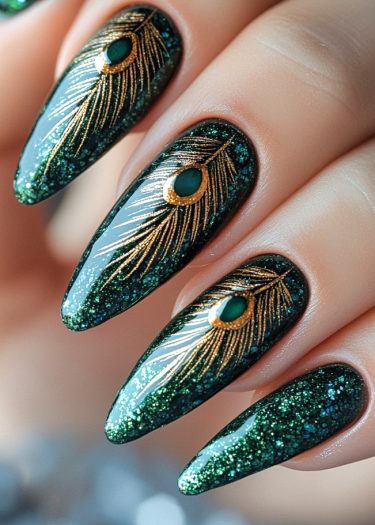 Elegant green peacock feather nail art with gold and emerald accents for a luxurious manicure.