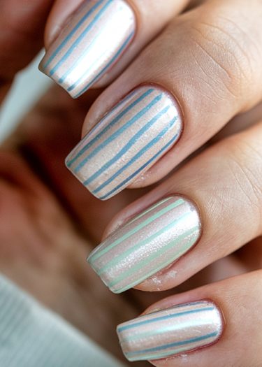 Elegant pearlescent nails with pastel blue stripes, showcasing chic nail art design.