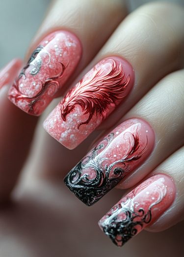 Stunning phoenix nail art design featuring red, pink, and black with intricate details and gradients.