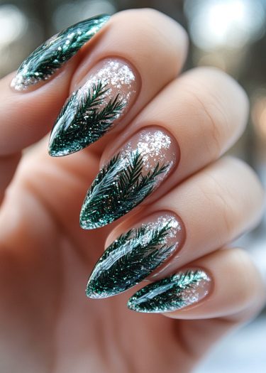 Elegant winter pine tree nail art featuring intricate green designs and sparkling accents.