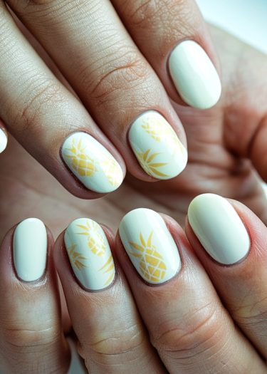 Chic pineapple nail art on creamy white background, perfect for summer style and elegance.