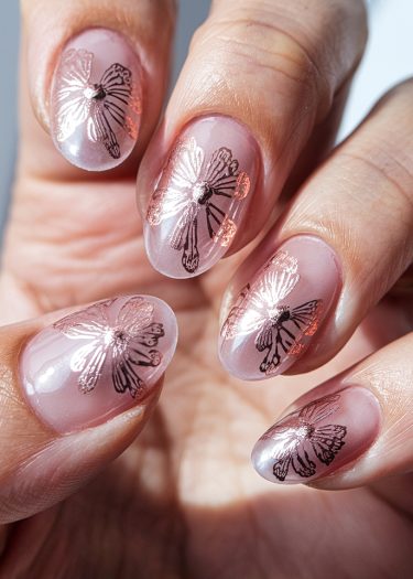 Elegant pink butterfly nail art with shimmering rose gold accents on almond-shaped nails.