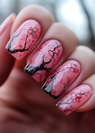 Elegant pink cherry blossom nail art featuring intricate designs and a sparkling finish.