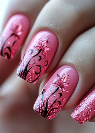 Vibrant pink floral nail art with glitter and intricate design for elegant occasions.