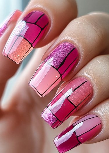 Vibrant pink geometric nail art with a mosaic pattern and sparkling glitter accents.