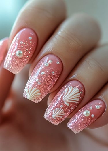 Elegant pink glitter nail art with seashells and pearls for a luxurious ocean-inspired look.