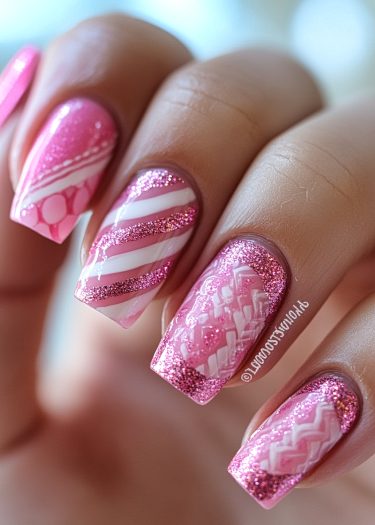 Elegant pink glitter nail art with intricate white designs on long, stylish nails.