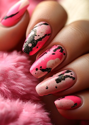 Vibrant pink glitter nail art with abstract black and gold designs, showcasing creative elegance.